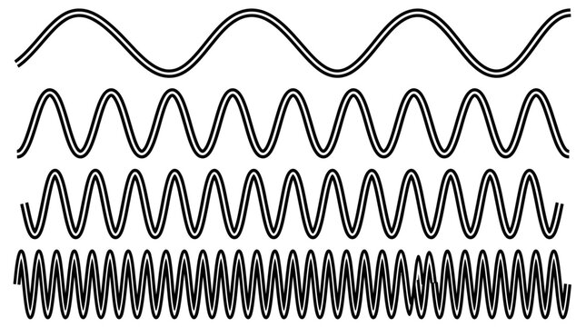 sine wave frequency sound waves waveform and signal patterns illustrating progressive increase in abstract data visualization.