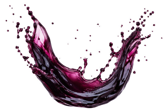 Deep Malbec wine splash isolated as transparent PNG with dark purple liquid and dramatic droplets