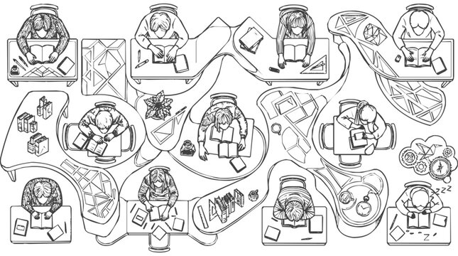 Top view of a hand drawn architectural sketch showing people working at desks in a collaborative office workspace layout with organic pathways