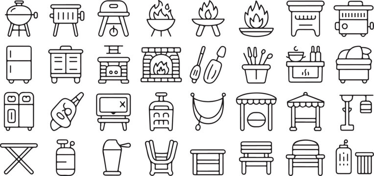 Backyard charcoal and gas grill icons set