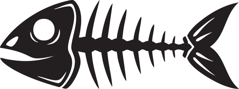 Stylized fish skeleton illustration in black and white with skeleton