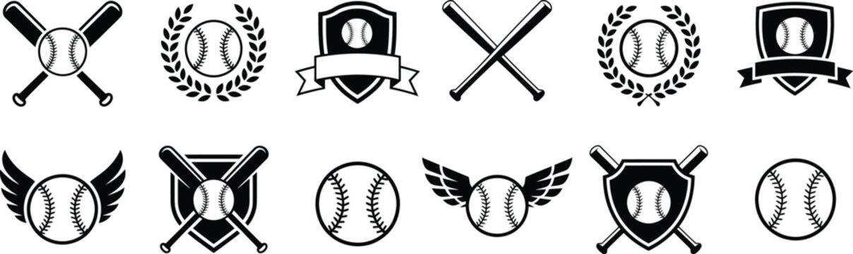 Baseball championship emblems and badges collection featuring bats wings laurel wreaths and shield designs.