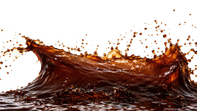 Dark rum splash wave isolated as transparent PNG with mahogany liquid and rich amber droplets