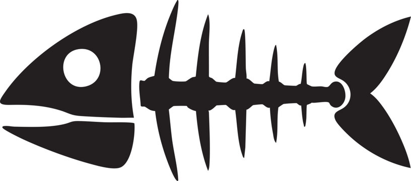 Minimalist black icon of a fish skeleton with skeleton, silhouette