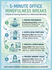 Naklejka premium Mindfulness infographic showing simple office exercise routines for employees to improve mental health and work focus
