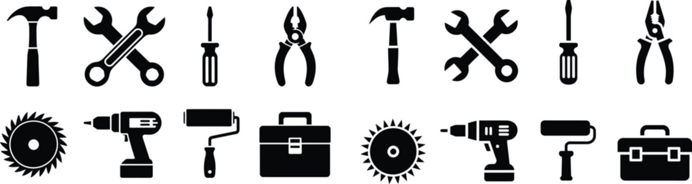Tools and construction black glyph icons set. hammer, wrench, screwdriver, pliers, saw, drill, roller and toolbox.