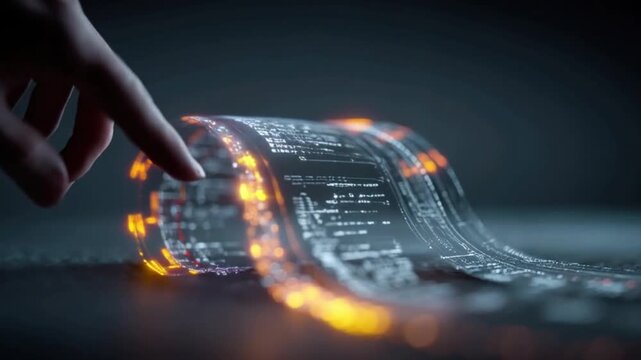 A finger touches a glowing, futuristic digital scroll displaying lines of code and data, representing the interface of advanced technology. ..Created with Generative AI, not depicting real subjects.