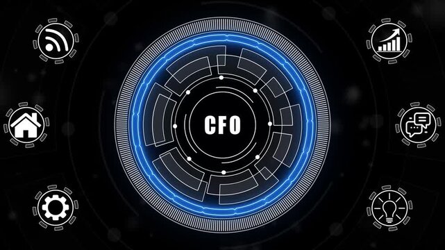 A glowing neon CFO concept surrounded by smaller icons for ai and manufacturing process management all connected in a digital circuit like pattern.