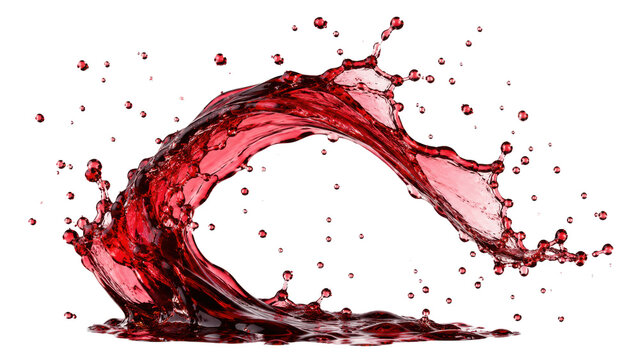 Red wine splash wave isolated as transparent PNG with deep ruby droplets and elegant flowing motion