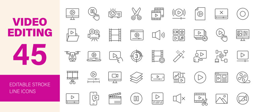 Video editing icon set. Editable line icons. Vector illustration.