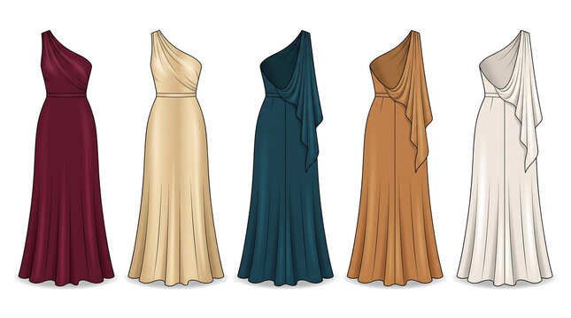 Five Silk Gowns with Asymmetric Drape Row on White Background