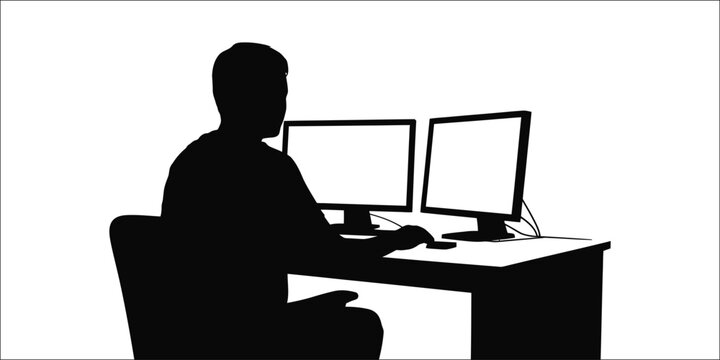 Silhouette of a person sitting in front of two computer monitors in a modern workspace, isolated vector illustration, concept of programming, data analysis, cybersecurity, remote work, digital technol