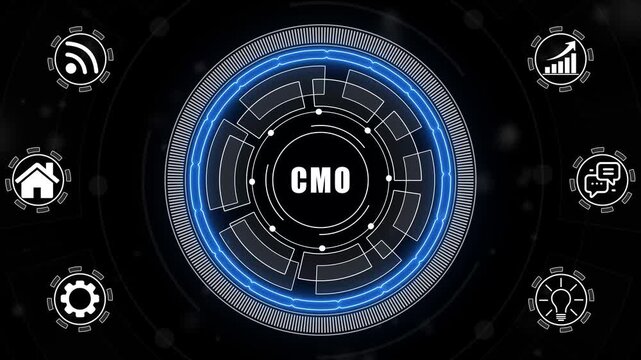 A glowing neon CMO concept surrounded by smaller icons for ai and manufacturing process management all connected in a digital circuit like pattern.
