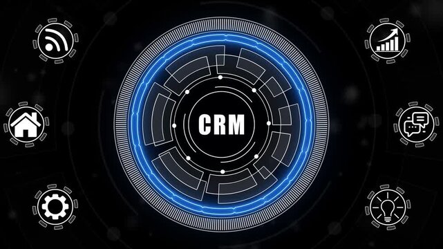 A glowing neon CRM concept surrounded by smaller icons for ai and manufacturing process management all connected in a digital circuit like pattern.