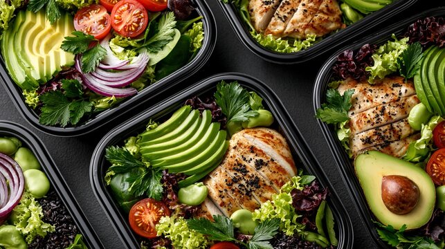 Healthy meal prep containers with grilled chicken, avocado, greens, tomatoes, and red onions