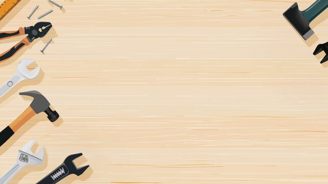 Flat vector of a wooden background with assorted handyman and construction tools arranged around the edges, including hammer, wrench, pliers, ruler, screws, nails, and bolts. Professional workshop the