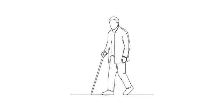 Continuous line drawing of a blind man walking with a cane isolated on white background