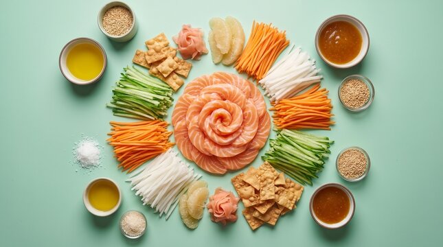 Traditional Yusheng Prosperity Toss Salad Ingredients with Sliced Salmon Rose, Julienned Vegetables, and Sauces for Chinese New Year Celebration, Top View Flat Lay on Teal Background