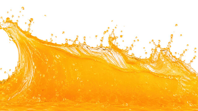 Bright orange juice splash wave with tropical fruit liquid motion and flying droplets