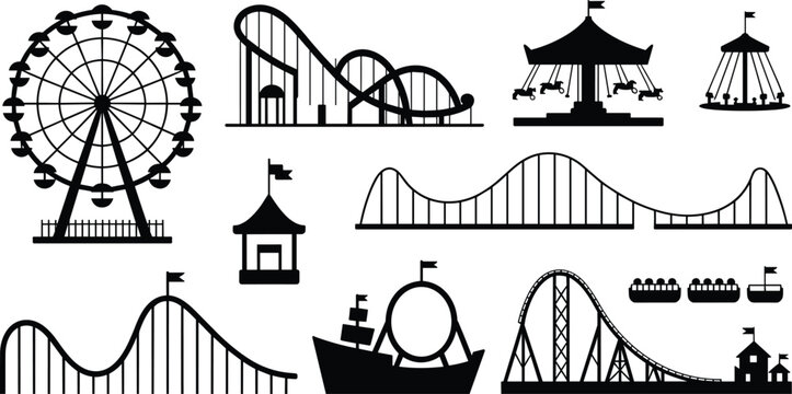 Amusement park silhouette vector, carnival icons, ferris wheel, roller coaster, carousel, tent, amusement ride collection, theme park outline design, entertainment graphics, adventure logo assets