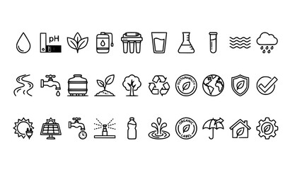 Clean Water Sustainability and Neutral pH Outline Icon Pack for Environmental Design © Lipon