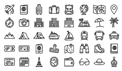 Fototapeta premium Travel Vacation Outline Icons Set with Tourism Transportation and Adventure Symbols Vector Collection
