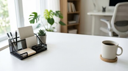 Fototapeta premium Modern Minimalist Home Office Workspace with Stationery and Coffee