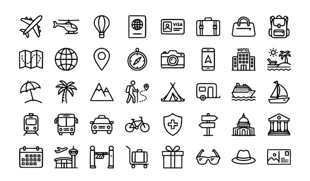 Contemporary Travel and Vacation Outline Icon Pack for Web Mobile and Tourism Design