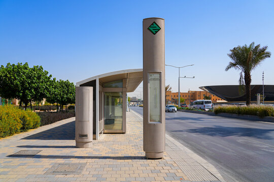 Modern bus stop shelter and information totem sign on Madina Munwarah road in Riyadh, Saudi Arabia