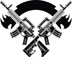 Fototapeta premium Black and White Emblem with Crossed Assault Rifles and Flames – Tactical Weapon Vector for Military, Firearm Enthusiast, and Logo Design Projects