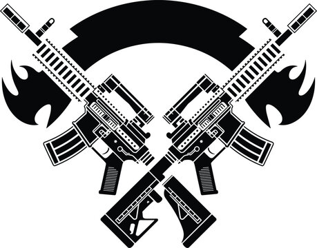 Black and White Emblem with Crossed Assault Rifles and Flames &ndash; Tactical Weapon Vector for Military, Firearm Enthusiast, and Logo Design Projects