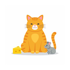 Obraz premium Cute cartoon cat and mouse with cheese