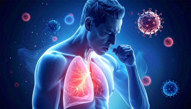 Medical infographic of human lungs with virus cells, bronchitis and pneumonia anatomy background