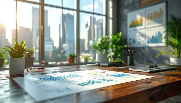 Business workspace overlooking city skyline with financial reports.