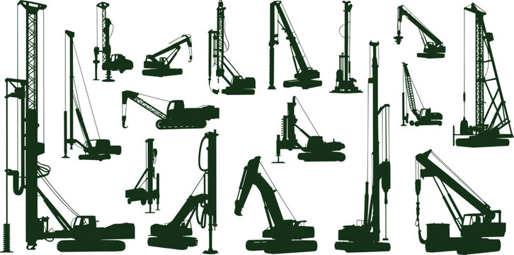 Black silhouette icons of pile drivers and drilling rigs in various configurations for construction, geotechnical, and foundation engineering illustration