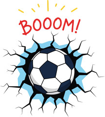 Comic style soccer ball breaking through wall with boom text, dynamic pop art sports illustration © SAIF820