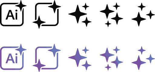 Fototapeta premium AI artificial intelligence generation sparkle icons set with smart assistant technology magic stars features gradient and black line symbols vector illustration