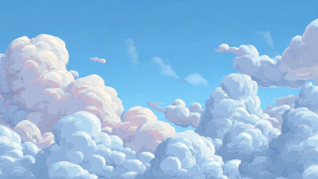 Beautiful fluffy clouds in a vibrant blue sky, painted in a soft, dreamy anime art style