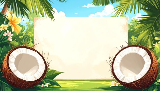 Blank tropical signboard with halved coconuts and frangipani flowers, frontal medium shot, summer vacation theme, digital illustration, bright daylight, jungle palm leaf background.