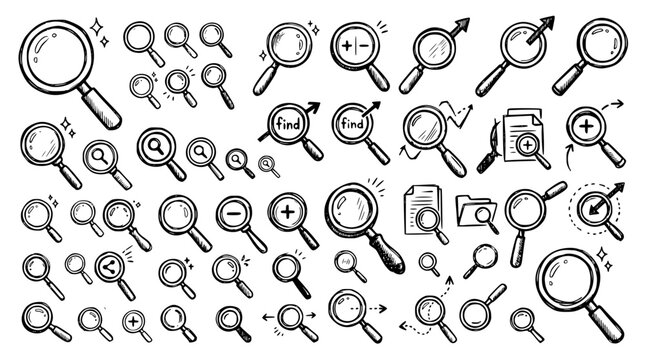 Hand drawn magnifying glass search icon shapes various sizes, doodle sketch collection, black ink vector illustration