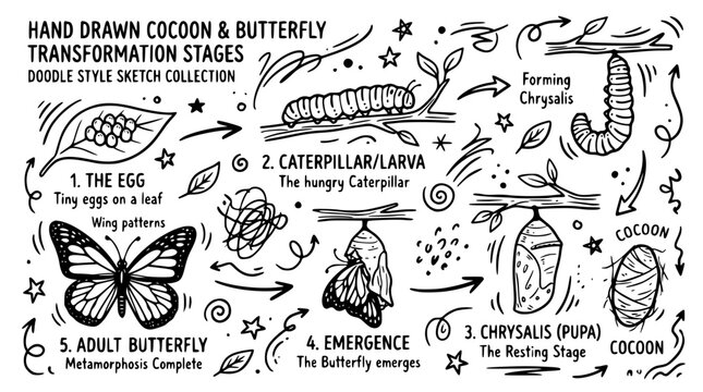 Hand drawn cocoon butterfly transformation stage shapes, doodle sketch collection, black ink vector illustration