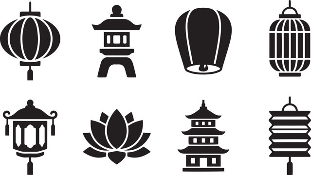 Set of Asian Cultural Icons Featuring Traditional Lanterns and Landmarks
