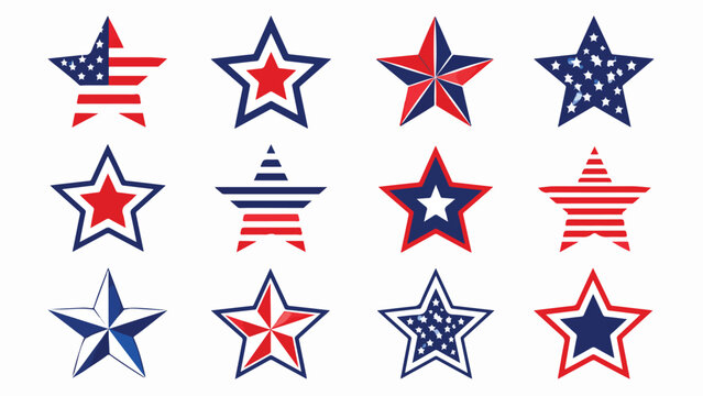 Patriotic American stars collection, 12 vector star icons with USA flag patterns, red white and blue fourth of July decorative elements