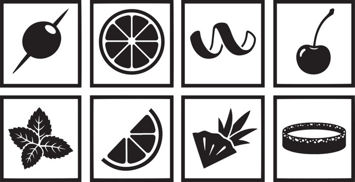 Black and White Cocktail Garnish Icon Set Featuring Mint Cherry Citrus and Olive