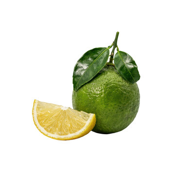 A whole green lime with two green leaves on the stem next to a single yellow lemon wedge, isolated against a plain white background, for display