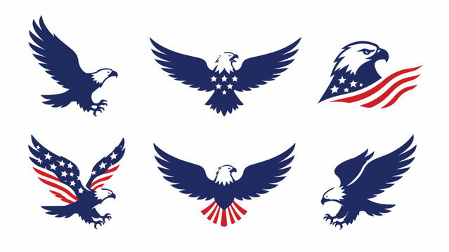 Patriotic American bald eagle vector set, 6 eagle icons with USA flag stars and stripes, red white and blue national bird emblems for logo design
