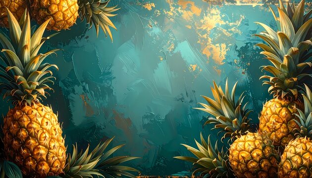 Fresh Pineapples Border, Flat Lay Frame for Summer Background, Digital Painting Style with Soft Highlights on Abstract Teal and Gold Textured Backdrop
