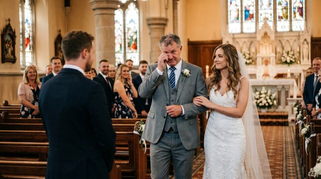 Emotional Father Cries Walking Bride Down Aisle During Wedding Ceremony In Church