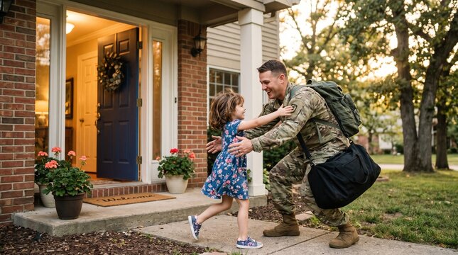 Soldier returns home and is greeted by his daughter with a warm hug outside their suburban house
