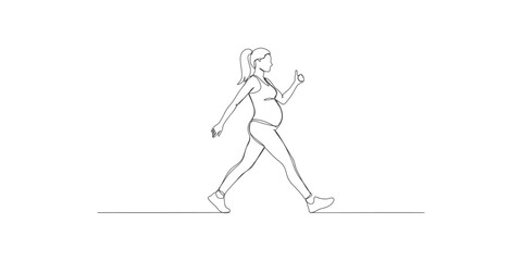 A pregnant woman in athletic wear walking with her arms swinging and a ponytail